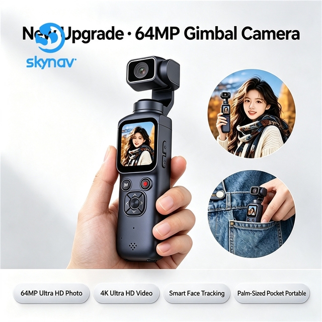 4K Pocket Action Camera Handheld Gimbal Stabilizer 64MP 330° Face Tracking 31 Filters 1.72" Ultra HD Touch Screen Vlog Recorder