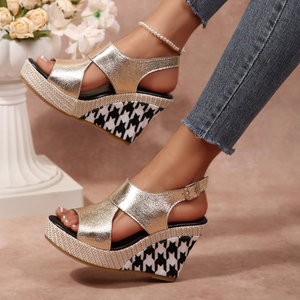 Sandales compensées pour femmes, personnalisables OEM/ODM, direct usine, couleur or métallisé unie, style espadrille, plateforme, bout ouvert, talon slingback - Product Image 2