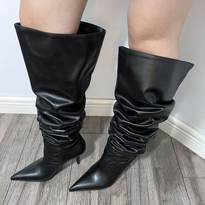 Cuissardes personnalisées à talons hauts et mollets larges en cuir Chaussures à bout pointu froissées Bottes Stiletto au-dessus du genou pour femmes - Product Image 1
