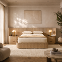 Ensemble de lit plateforme Darente en chêne américain moderne, taille personnalisable, cadre King avec 2 tables de chevet, suite de chambre à coucher de luxe en bois authentique