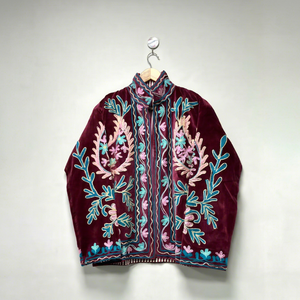 Elegant Burgundy <b>Velvet</b> Embroidered Suzani <b>Jacket</b> With Floral Pattern Full Sleeve Stand Collar Winter <b>Women's</b> Outerwear - Product Image 1