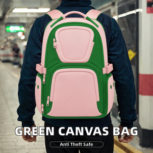 For <b>Green</b> Canvas Tactical <b>Backpack</b> Unisex Zipper School Bag Travel Daypack Anti-Theft Geometric Pattern Arcuate Shoulder Strap - Product Image 2