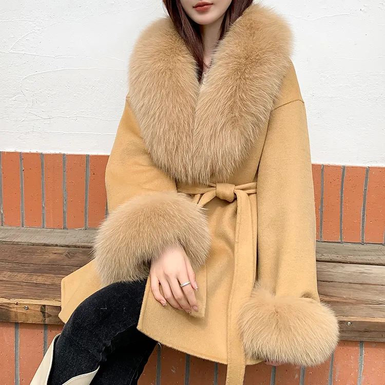 Lz50 # Thương Hiệu Nổi Tiếng 2023 Phụ Nữ Fox Cổ Áo Lông Thú Áo Khoác Thời Trang Mới Phong Cách Hai Mặt Cashmere Áo Khoác Len Phụ Nữ Tự Nhiên Fox Fur C