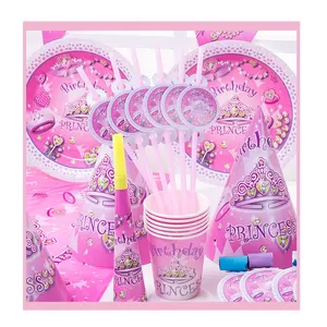 Commercio all'ingrosso rosa corona bambini forniture per feste piatti di carta tazze tovaglioli festa di compleanno decorazione usa e getta carta stoviglie set