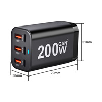 200W GaN USB C Chargeur 6 Ports PD QC3.0 Adaptateur pour iPhone pour Samsung Téléphones Mobiles Ordinateurs Portables Chargeur d'Alimentation