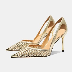 Escarpins Stiletto Formels Élégants pour Femmes, Personnalisables OEM/ODM, Vente en Gros, Été, Respirants, Tissés, à Découpes, Talons Hauts, Bout Métallique Argenté Brillant - Product Image 2