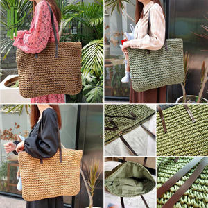 Sac fourre-tout tissé en paille de papier écologique fait main avec sangle en cuir PU - Grand sac à main d'épaule pour la plage d'été - Product Image 5