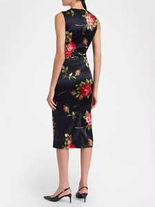 Nuovo Abito <span class=keywords><strong>Aderente</strong></span> Senza Maniche con Sfondo Nero e Stampa di Rose Rosse, <span class=keywords><strong>Vestito</strong></span> da Festa a Mezza Lunghezza in Stile Retrò - Product Image 3