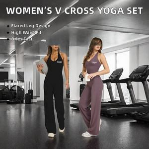 Custom V Neck Halter Yoga Set Seamless Workout Tank and Flare Pants Fitness Pilates Activewear - Product Image 2