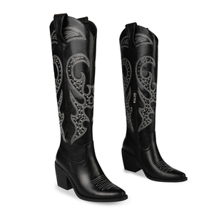 Дизайнерские Сапоги с заклепками от производителя westkiss, женские высокие сапоги в западном стиле, черного цвета, женские ковбойские сапоги с вышивкой - Product Image 3
