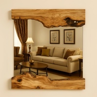 Wood Handmade Mirror, Real Wood Rustic Wall Hanging Wavy Mirror, Asymmetrical Live Edge Wooden Mirror