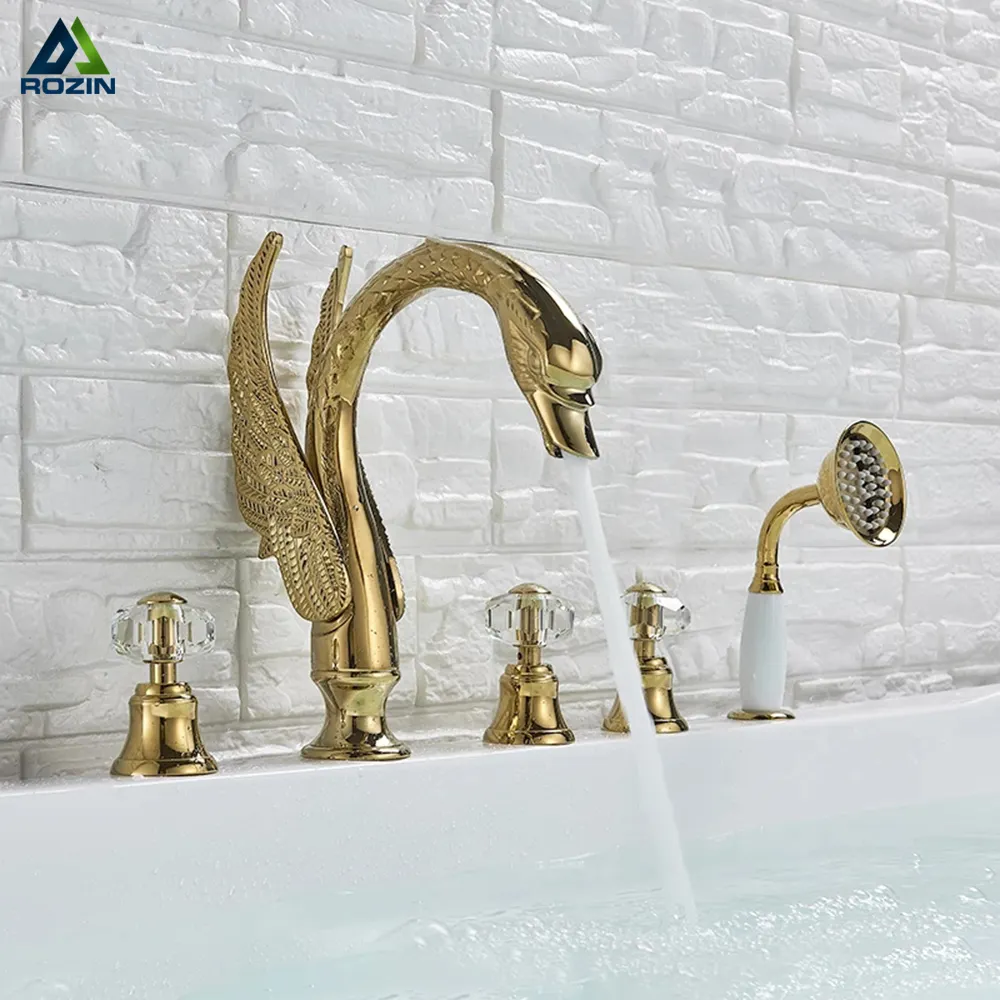 Luxury Gold Bathroom Sink Faucet Basin Mixer Tap Swan Style Vessel Faucet With Hand Shower Bath Faucet Basin Taps Water tap