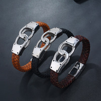 Meilleures ventes : Bijou géométrique pour homme en cuir PU plaqué rhodium, style punk rock simple, en forme de menottes tressées en acier inoxydable