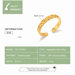 Adjustable <b>Open</b> <b>Ring</b> Stainless Steel with 14K Vacuum Plating Quilted Diamond Pattern 0.4 cm Wide Gold Color Band - Product Image 3