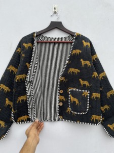 Trendsetting Women's Winter Jacket New Style Handmade Cotton <b>Quilted</b> Vintage Reversible Tiger Print Button Breathable Knitted - Product Image 5