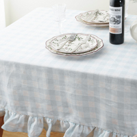 Linge de table classique à volants en lin pur, bleu et blanc à carreaux, décoration pour table à manger, cuisine, nappe à volants
