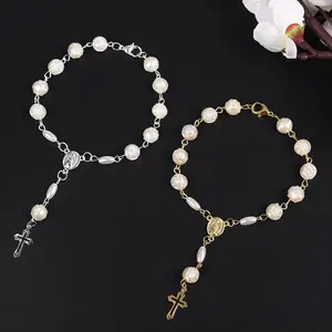 Nouvelle arrivée Christian Chapelet Bracelet Rose Perle Perle Bracelet Creux Croix Pendentif Bracelet pour les femmes