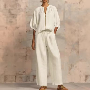 Ensemble décontracté pour femme, pantalon large à jambes larges, couleur unie, fermeture éclair, col rond, tailles M, XXL, S, XL, L - Product Image 1