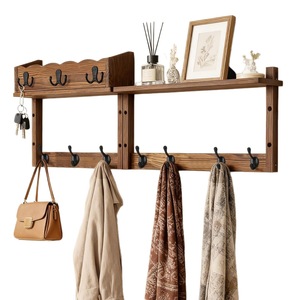 Wooden Wall-Mounted Coat <b>Rack</b> With Hooks And <b>Shelf</b> For Entryway Or Living Room Storage Durable Retro Brown Finish - Product Image 5