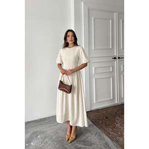 Elegant Beige Linen A-Line Dress With Back <b>Tie</b> And Puff Sleeves For Daily Wear - Product Image 2