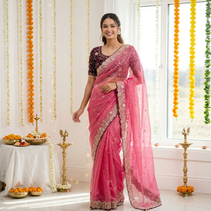 Sari en soie rose avec blouse brodée pour mariage, tenue traditionnelle indienne pour femme, longueur au sol - Product Image 1