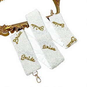 White Embroidered Bride Lanyard With <b>Gold</b> Lobster Clasp Fashionable Nylon Strap For Wedding Accessories - Product Image 1