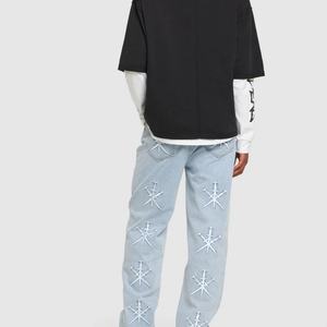 Wholesale <b>Men's</b> Luxury Contrast Look Ripped Trousers Loose Fit Baggy Pants Stone Washed Denim <b>Jeans</b> With Embroidery - Product Image 4