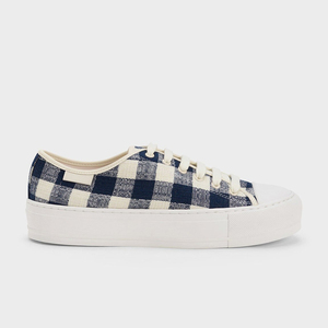 Zapatillas de lona a cuadros de plataforma baja con cordones para mujer, estilo casual para uso diario y urbano. - Product Image 4