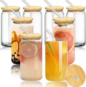 6Pcs Set ] Glass Cups With Bamboo Lids And Glass Straw - Beer Can Shaped  Drinking Glasses, 16