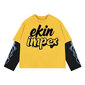 2027 Trending Hip Hop Streetwear Men Oversized Layered T-<b>Shirt</b> Black Contrast Color <b>Flame</b> Graphic Heavy Cotton Double Sleeve - Product Image 1