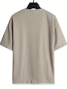 Dropshipping เสื้อยืดแขนสั้นลำลองของผู้ชาย-เสื้อคอกลมสีทึบโพลีเอสเตอร์ยืดและริบบิ้นเล็กน้อย - Product Image 2