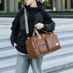 Korean Minimal Label Leather Weekender <b>Bag</b> Fashion Thick Wear-resistant Student Dorm Clothes Storage Outdoor Hand Shoulder <b>Bag</b> - Product Image 2