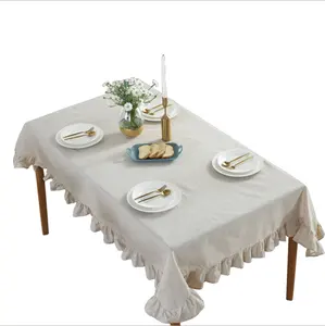 Cotton and linen ruffled tablecloth solid color lace tablecloth for Home Rectangular Table Fitted Stretch Table Cover