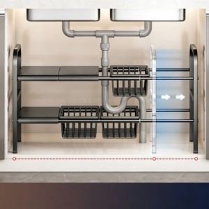 Étagère <span class=keywords><strong>de</strong></span> rangement sous évier à 2 niveaux en acier au carbone, organisateur coulissant réglable pour accessoires <span class=keywords><strong>de</strong></span> <span class=keywords><strong>cuisine</strong></span> sous évier, meuble sous évier - Product Image 4