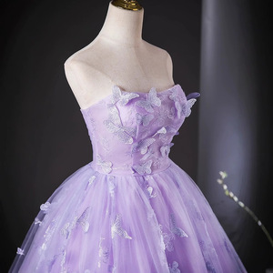 Purple Gauze Evening Dress Long Skirt 3D Butterfly Embroidery Strapless Women Stage Performance Costume - Product Image 4