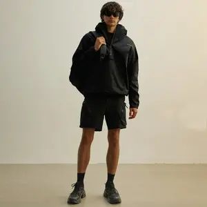 Custom 100% Polyester Half Zipper Hooded Jacket And Shorts Set Men Clothing