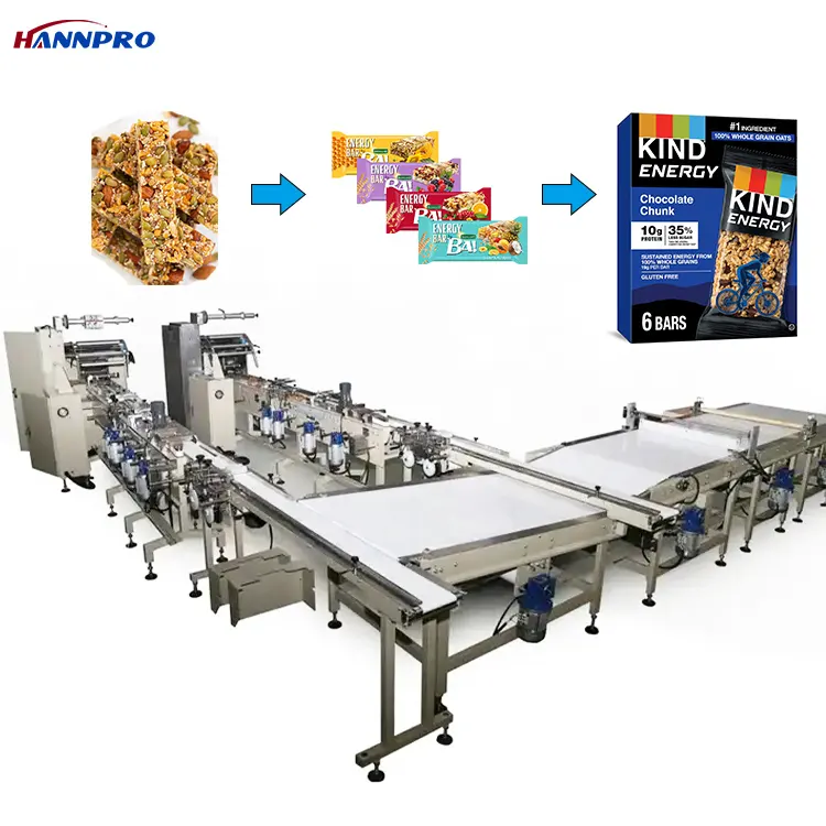 Hannpro Energie Graaneiwit Bar Horizontale Verpakkingsmachine Granola Muesli Haver Chikki Snack Stikstof Stroom Verpakkingsmachine