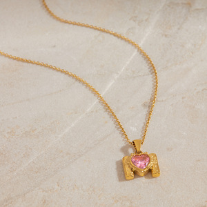 M Shaped Pendant With Pink Heart Zircon Gold Plated Stainless Steel Charm For Gift Jewelry - Product Image 2