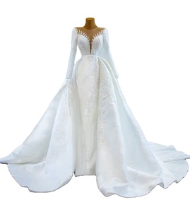 Vestido de Novia Sirena de Satén Color Marfil Moderno Feishiluo con Mangas Largas, Apliques Florales, Perlas y Cola Desmontable - Product Image 2