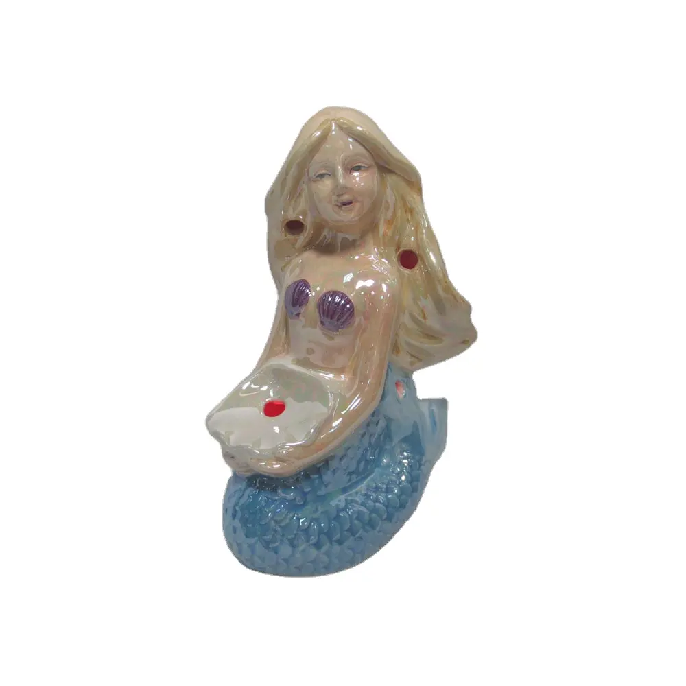 JS Estátua de sereia para decoração de casa, Estátua de sereia de cerâmica fofa com vidro pérola para meninas