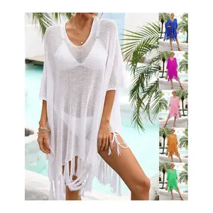 C0045 Plus Size Swimsuit Beach Coverup Bathing Suits Bikini Cover Ups Beach Dress Tassel Fringe Crochet Cover Up Beachwear
