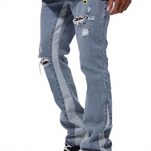 Jeans personnalisés en patchwork, effet délavé, 100% coton denim, jeans pour hommes, pantalon évasé, vêtements de mode pour hommes, style printemps - Product Image 1