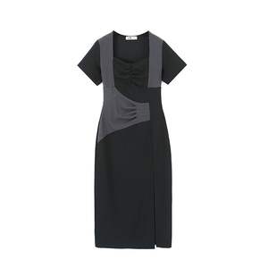 Robe noire slim fit à col rond avec fente latérale Runqi N8562 pour femmes, tenue quotidienne, grandes tailles, robes décontractées - Product Image 5