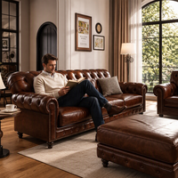 Canapé en cuir véritable de style vintage américain, 3 ou 4 places, design linéaire, marron, pour salons et villas