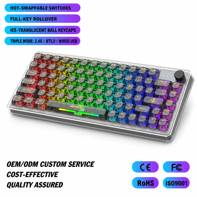 Tri Mode Wireless Mechanical Keyboard 81 Keys White Switch Transparent Keycaps  Gaming Keyboard for Office Desktop
