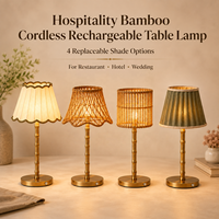 Lampe de table sans fil rechargeable en rotin de bambou pour l'hôtellerie, avec 4 options de abat-jour simples et interchangeables pour restaurant, hôtel, mariage