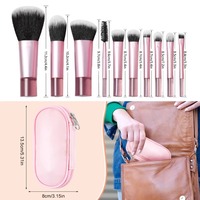Ensemble de 10 mini-pinceaux de maquillage professionnels, rose mignon, de luxe, synthétiques, pour le visage et les yeux, avec étui de rangement portable en PU