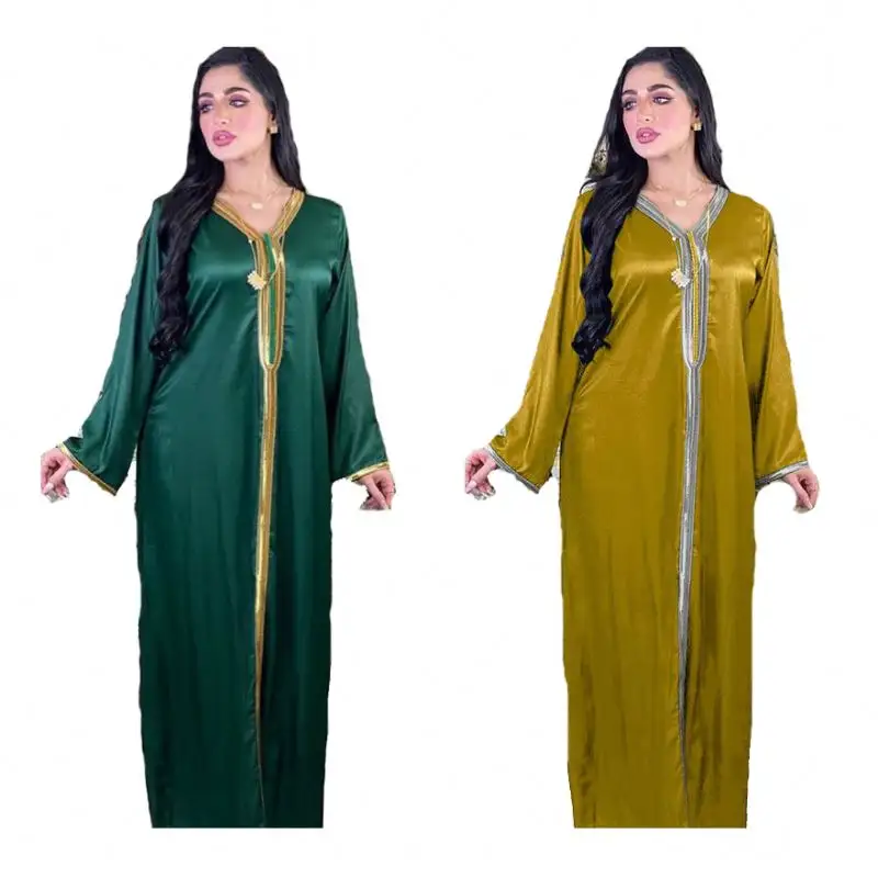 Neuankömmling Arab Dubai Kleider Truthahn edle Dame muslimischen Satin Abaya V-Ausschnitt Langarm Maxi kleid islamische Kleidung