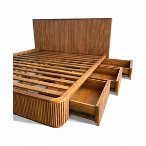 Mid-Century Modern Solid Teak Wood Platform Wall <b>Bed</b> Frame King <b>Size</b> Fluted Storage Drawers Hand Eco-Friendly Fluttedstorage Mid - Product Image 4