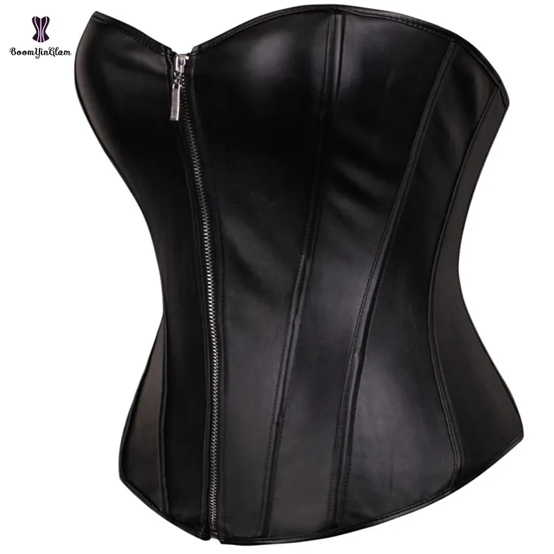 Talla grande Zip Up cintura entrenamiento negro corsé de piel sintética Bustier Top